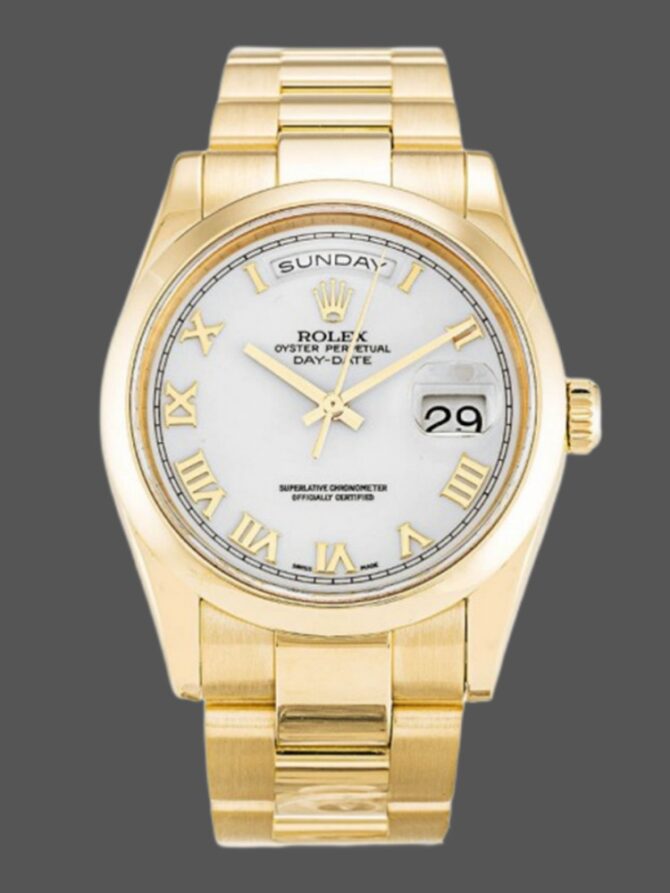 Replica Rolex Day-Date 118208 Yellow Gold White Dial Roman Numeral 36mm Unisex Watch