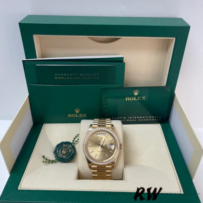 Replica Rolex Day-Date 228348RBR Black Diagonal Motif Dial Diamond Bezel 40mm Mens Watch
