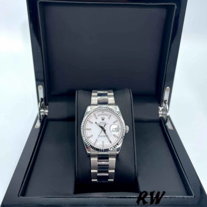 Replica Rolex Day-Date 118239 White Gold White Roman Numeral Dial 36mm Unisex Watch