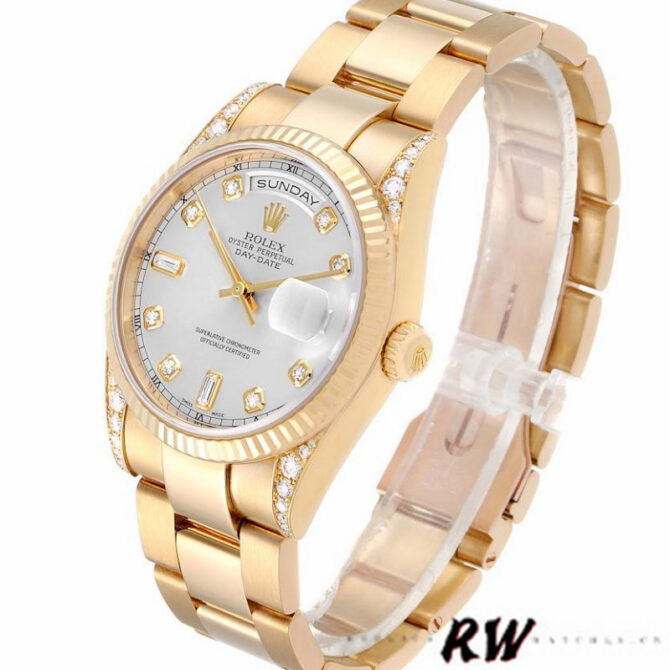 Replica Rolex Day-Date 118338 Yellow gold Silver dial 36mm Unisex Watch