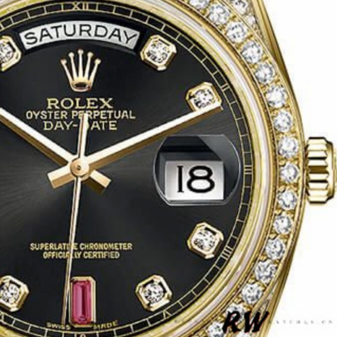 Replica Rolex Day-Date 118388 Black Diamond Rubies Dial 36mm Unisex Watch