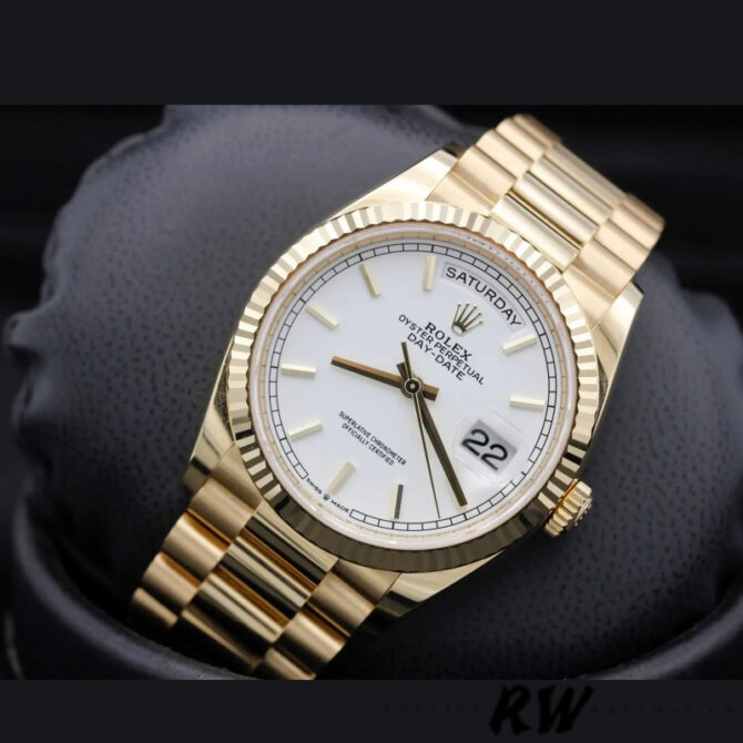 Replica Rolex Day-Date 36MM 128238 0081 Fluted Bezel White Index Dial Unisex Watch