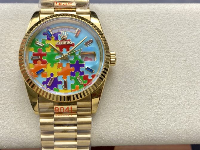 Replica Rolex Day Date 128238-0106 36mm Yellow Gold Fluted Bezel Emoji Puzzle Dial