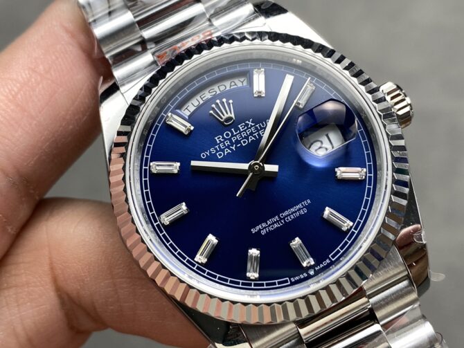 Replica Rolex Day Date 36 36mm Bright Blue Diamond-Set Dial Fluted Bezel Presi m128236 0023