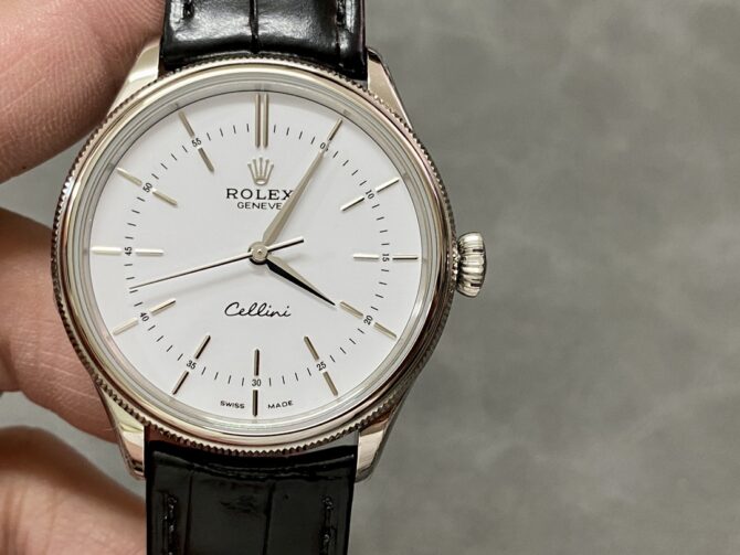 Rolex Cellini Time 50509 Black Leather Strap White Dial 39mm Mens Replica Watch