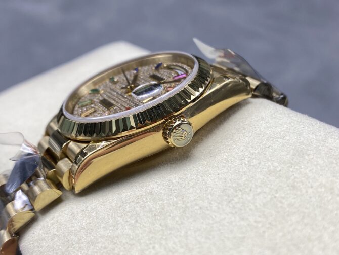 Replica Rolex Day Date 36mm Yellow Gold 128238 0051 Pave Rainbow Diamond Dial Fluted Bezel