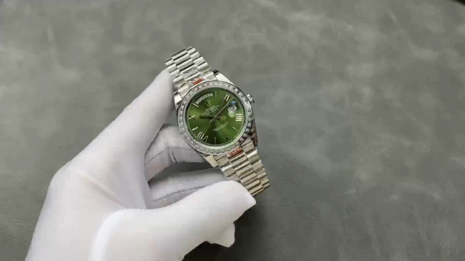 Replica Rolex Day Date 40 Platinum Olive Green Dial Diamond Bezel M228396TBR 0020 Watch