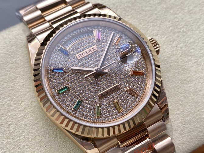 Replica Rolex Day Date 36 Diamond Paved Dial Fluted Bezel 18K Everose gold 128235 0039 President Watch