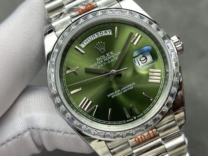 Replica Rolex Day Date 40 Platinum Olive Green Dial Diamond Bezel M228396TBR 0020 Watch