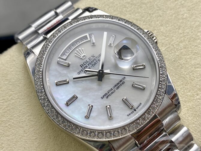 Replica Rolex Day Date 36 MOP Dial Diamond Bezel Platinum m128396tbr 0022
