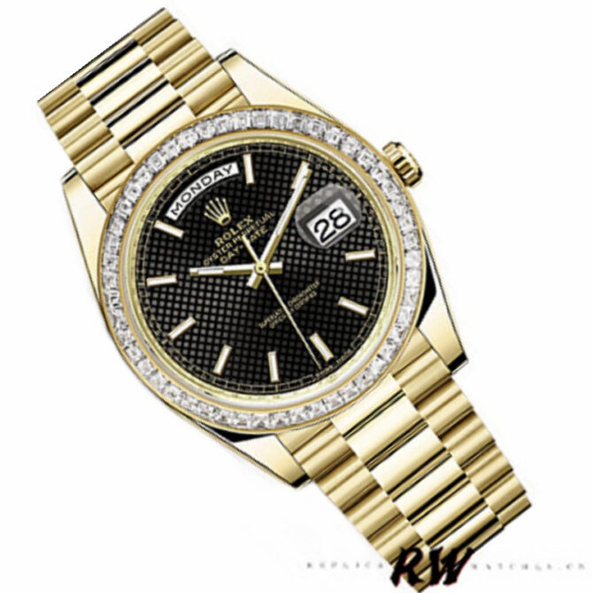 Replica Rolex Day-Date 228398TBR Black Diagonal Motif Dial Diamond Bezel 40mm Mens Watch