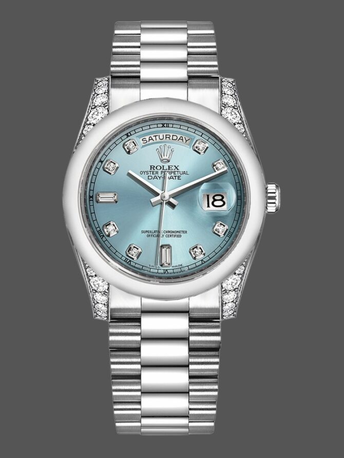 Replica Rolex Day-Date 118296 Platinum Ice Blue Dial Diamond 36mm Unisex Watch