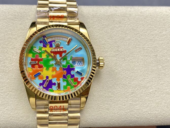 Replica Rolex Day Date 128238-0106 36mm Yellow Gold Fluted Bezel Emoji Puzzle Dial