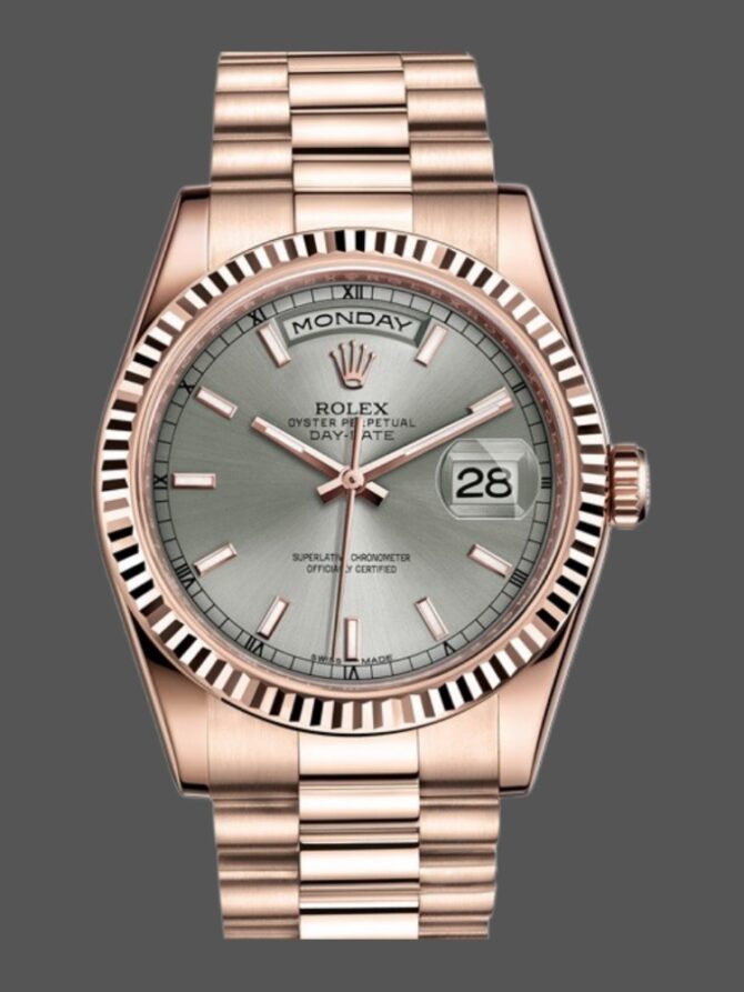Replica Rolex Day-Date 118235 Rhodium Grey Dial Rose Gold 36mm Unisex Watch