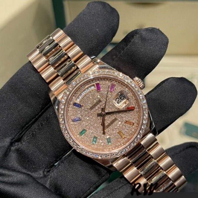 Replica Rolex Day-Date 36MM 128345RBR 0028 Mother of Pearl White Dial Everose Gold Unisex Watch