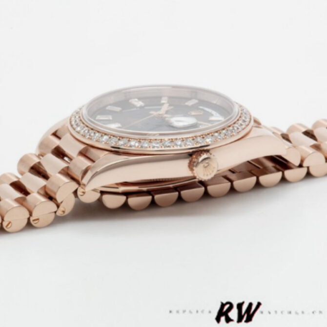 Replica Rolex Day-Date 228345RBR Chocolate Brown Diagonal Motif Dial Diamond Bezel 40mm Mens Watch