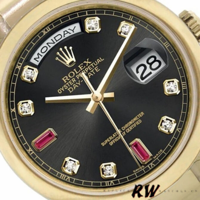 Replica Rolex Day-Date 118208 Black Diamond Dial Yellow Gold case 36mm Unisex Watch