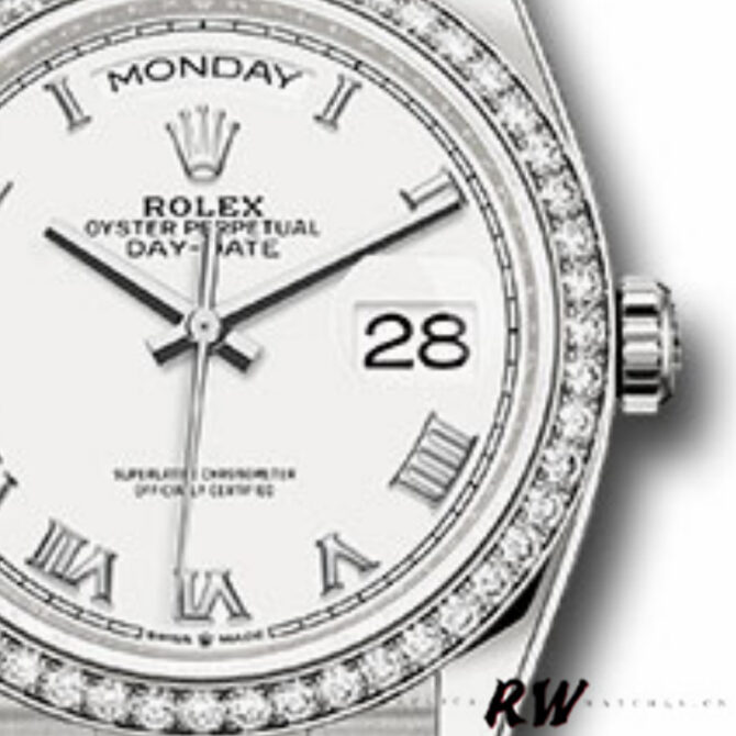 Replica Rolex Day-Date 128349RBR White Roman Dial Diamond Bezel 36MM Unisex Watch