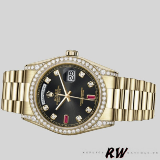 Replica Rolex Day-Date 118388 Yellow Gold Black Diamond Rubies Dial 36mm Unisex Watch