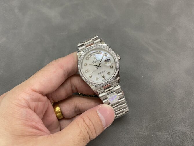 Replica Rolex Day-Date 128349RBR White Mother of Pearl Dial Diamond Bezel 36MM Lady Watch
