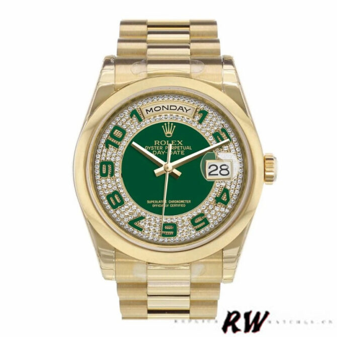 Replica Rolex Day-Date 118208 Yellow Gold Green Diamond Paved Arabic Dial 36mm Unisex Watch