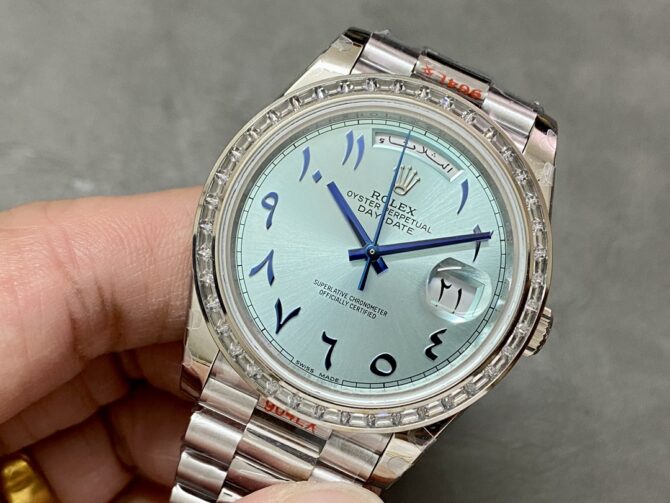 Replica Rolex Day-Date 40mm Platinum Ice Blue Arabic Dial Diamond Bezel 228396TBR Men's Watch