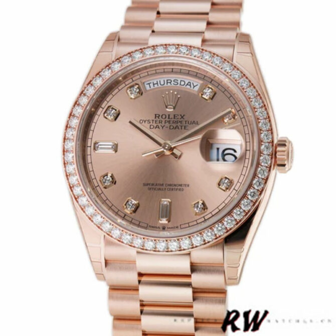 Replica Rolex Day-Date 128345RBR Champagne Rose Dial Everose Gold 36MM Unisex Watch