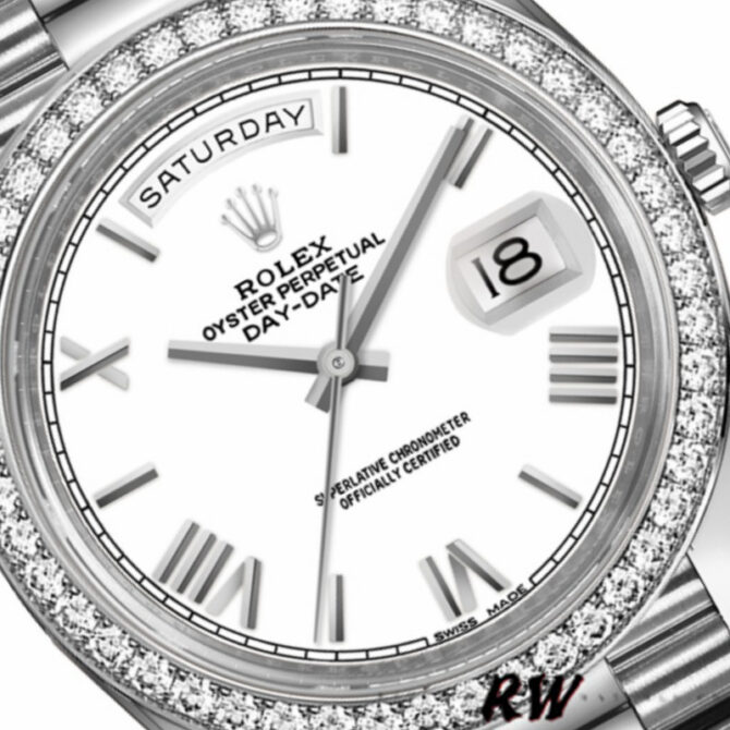 Replica Rolex Day-Date 228398TBR Silver Diagonal Motif Dial Diamond Bezel 40mm Mens Watch
