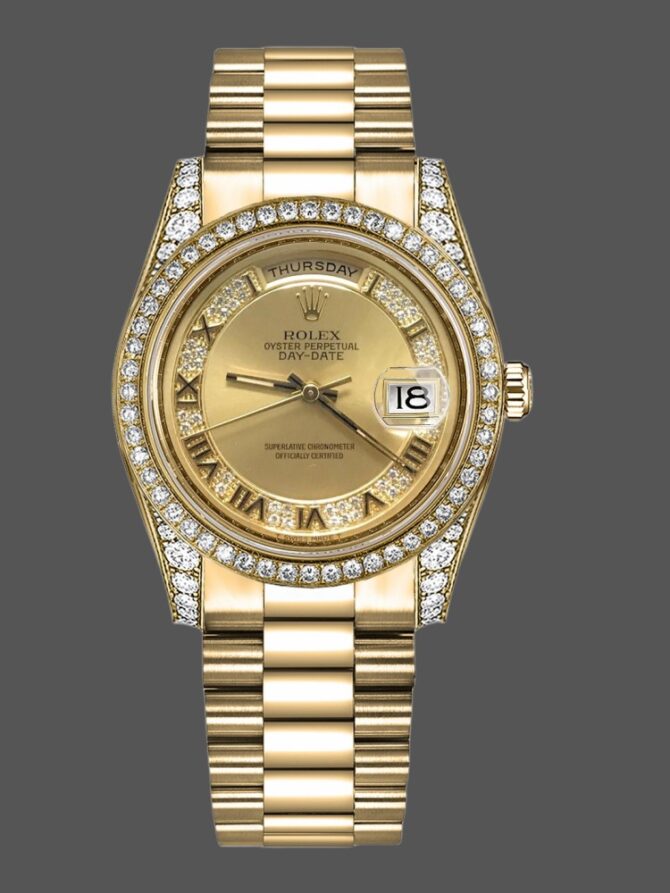 Replica Rolex Day-Date 118388 Yellow Gold White Roman Numeral Dial 36MM Unisex Watch
