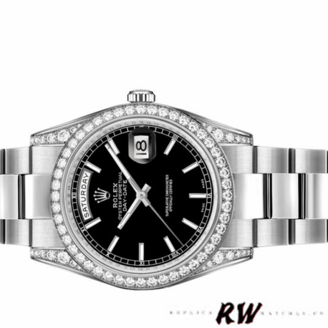 Replica Rolex Day-Date 118389 Diamond Bezel Black Index Dial 36MM Unisex Watch