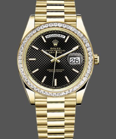 Replica Rolex Day-Date 228398TBR Black Diagonal Motif Dial Diamond Bezel 40mm Mens Watch
