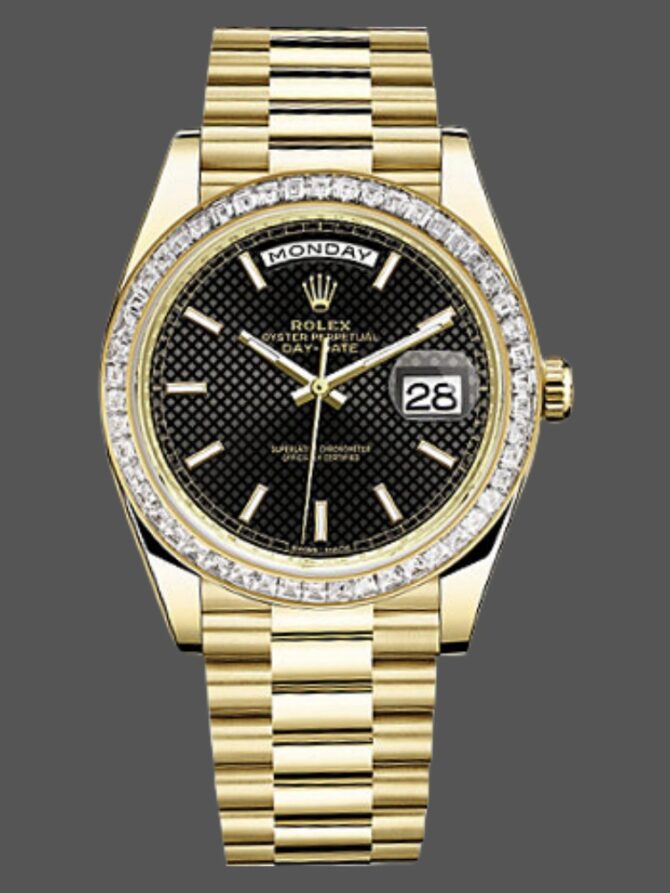 Replica Rolex Day-Date 228398TBR Black Diagonal Motif Dial Diamond Bezel 40mm Mens Watch