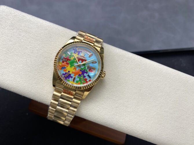 Replica Rolex Day Date 128238-0106 36mm Yellow Gold Fluted Bezel Emoji Puzzle Dial