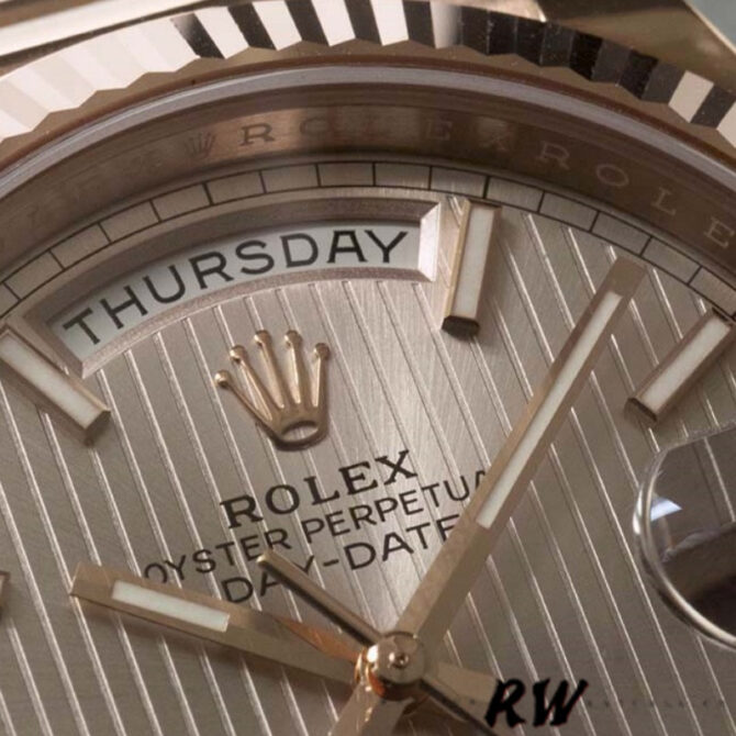 Replica Rolex Day-Date 228235 Sundust Stripe Motif Dial Fluted Bezel 40mm Mens Watch