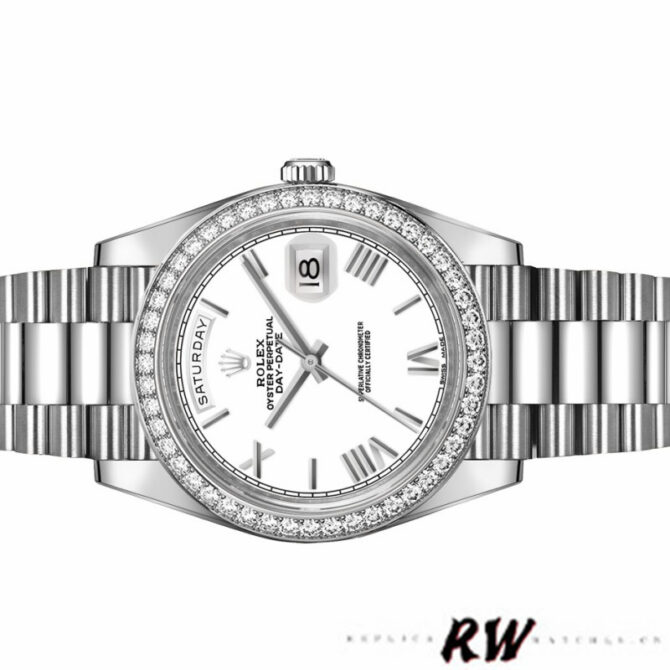 Replica Rolex Day-Date 228398TBR Silver Diagonal Motif Dial Diamond Bezel 40mm Mens Watch