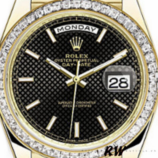 Replica Rolex Day-Date 228398TBR Black Diagonal Motif Dial Diamond Bezel 40mm Mens Watch