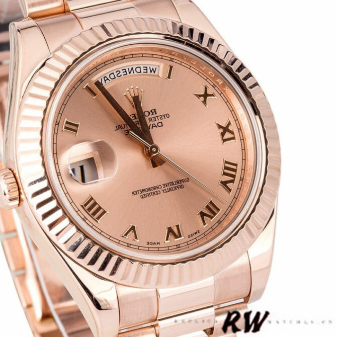 Replica Rolex Day-Date 218235 Pink Roman Numerals Dial Rose Gold 41MM Mens Watch