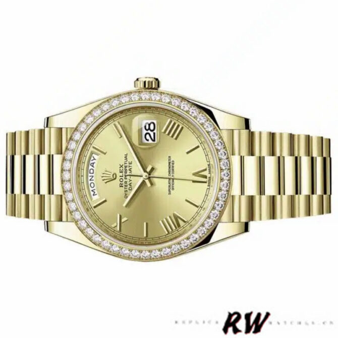 Replica Rolex Day-Date 228398TBR Champagne Roman Numeral Dial Diamond Bezel 40mm Mens Watch