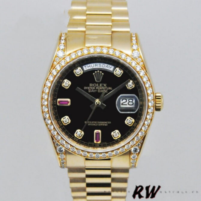 Replica Rolex Day-Date 118388 Yellow Gold Black Diamond Rubies Dial 36mm Unisex Watch