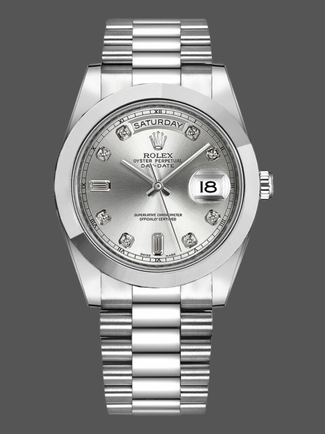Replica Rolex Day-Date 218206 Silver Diamond Dial Platinum 41MM Mens Watch