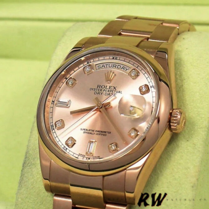 Replica Rolex Day-Date 118205 Rose Gold Pink Diamond Dial 36mm Unisex Watch