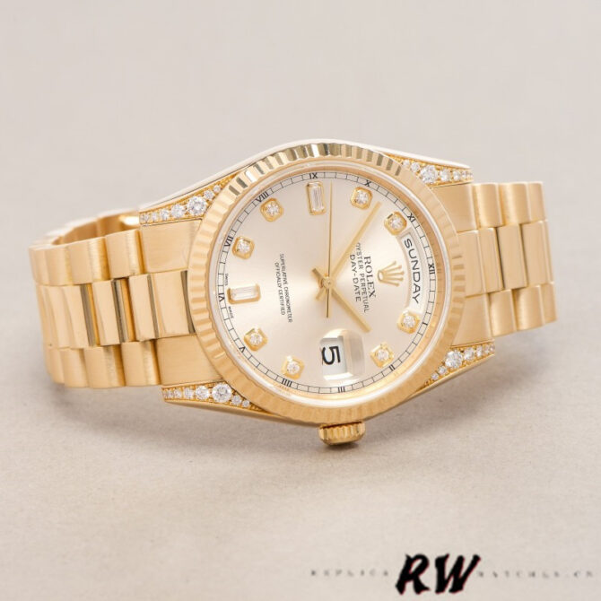Replica Rolex Day-Date 118338 Yellow gold Silver dial 36mm Unisex Watch