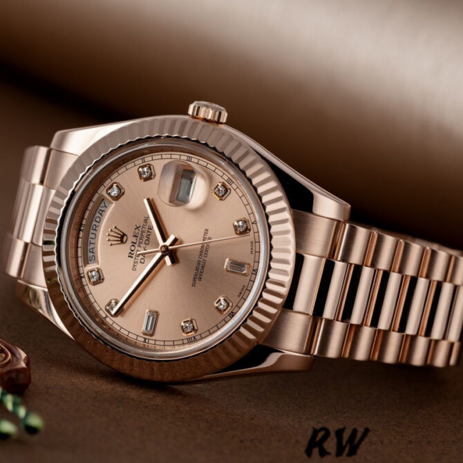 Replica Rolex Day-Date 218235 Champagne Diamonds Dial Rose Gold 41MM Mens Watch