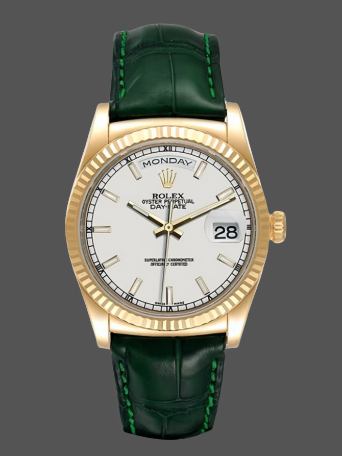 Replica Rolex Day Date 36 White Dial 118135 0123 Green Leather Watch