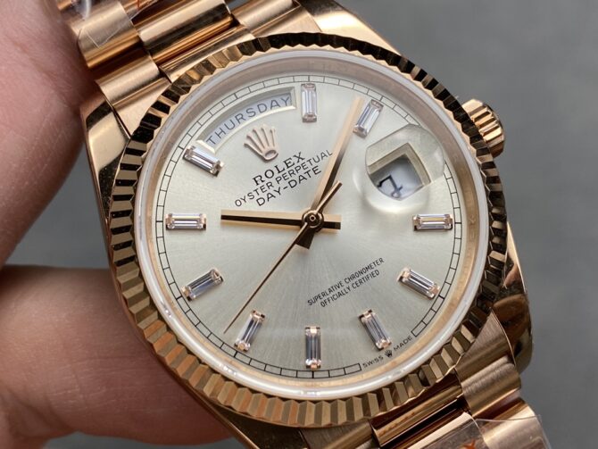 Replica Rolex Day-Date 228235 Sundust Index Dial Fluted Bezel 40mm Mens Watch