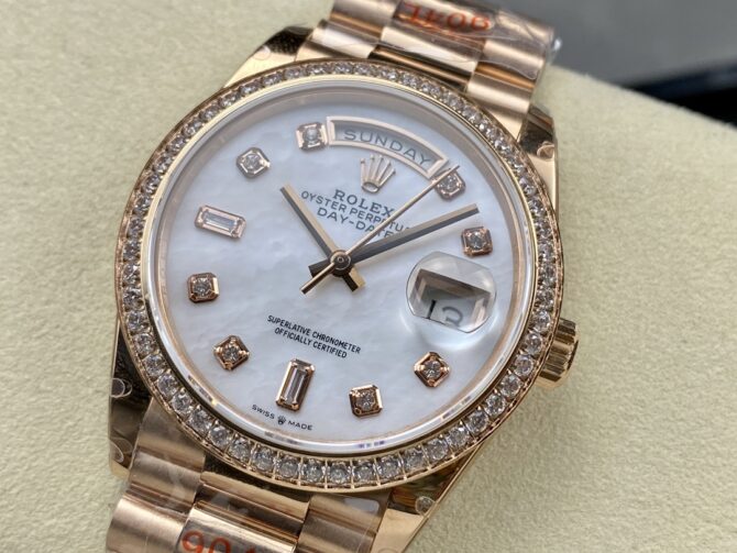 Replica Rolex Day-Date 36MM 128345RBR 0028 Mother of Pearl White Dial Everose Gold Unisex Watch