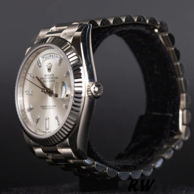 Replica Rolex Day-Date 228239 Silver Baguette Diamond Dial Fluted Bezel 40mm Mens Watch