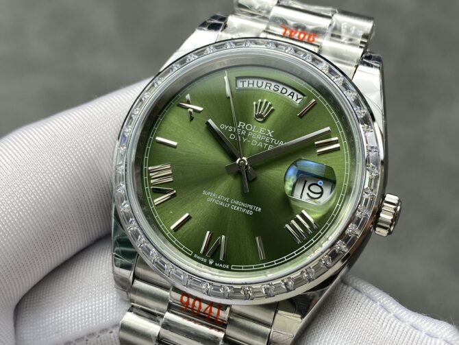 Replica Rolex Day Date 40 Platinum Olive Green Dial Diamond Bezel M228396TBR 0020 Watch