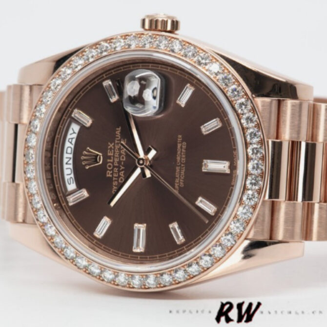 Replica Rolex Day-Date 228345RBR Chocolate Brown Diamond Dial Diamond Bezel 40mm Mens Watch