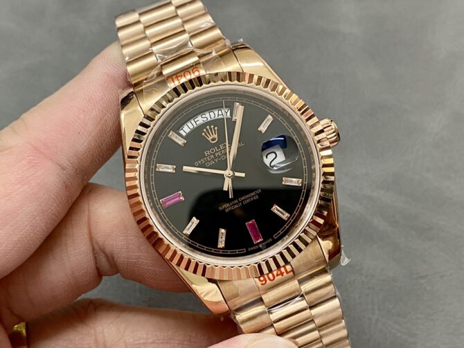 Replica Rolex Day-Date 218235 Diamonds and Rubies Black Dial Rose Gold 41MM Mens Watch